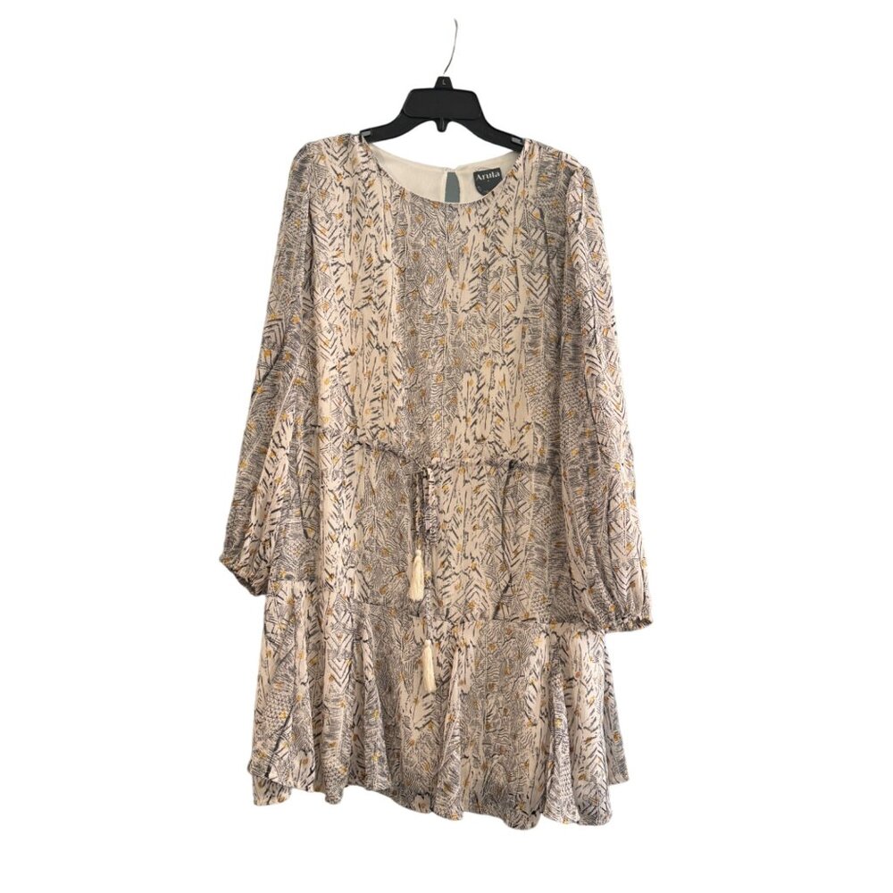 Arula Boho Chic Long Sleeve Dress Size A Beige & Gold Leaf Pattern